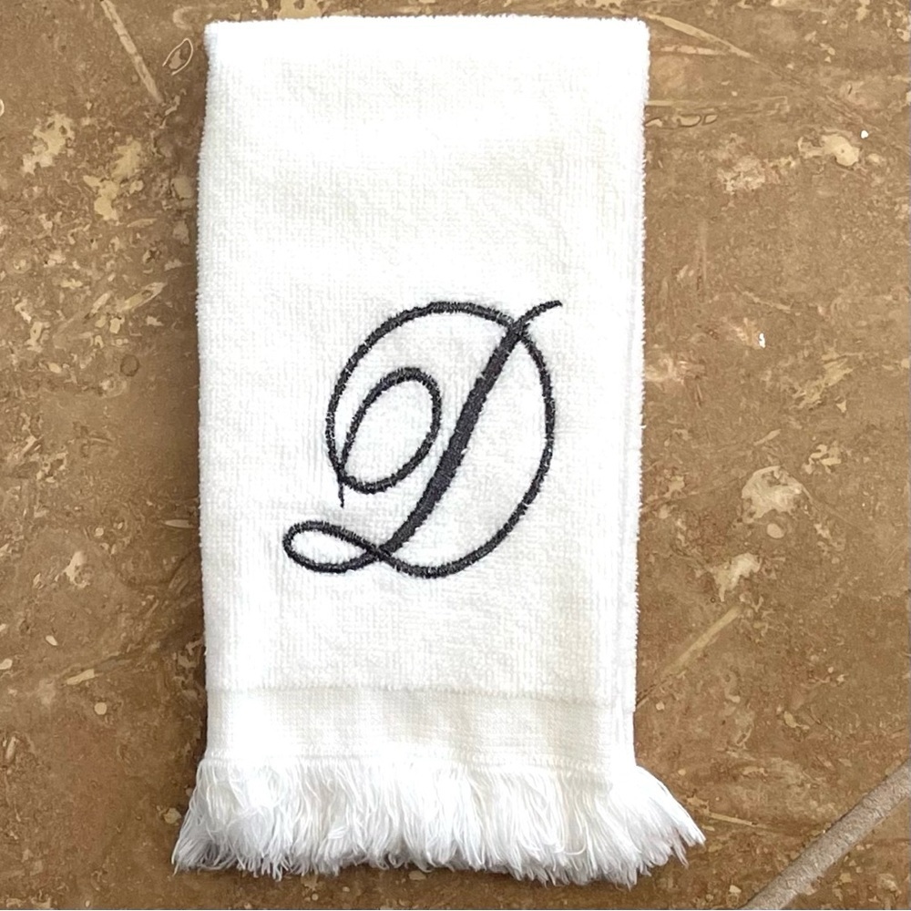 5 for $25! Monogram K White Hand Towel with Fringed Edge - Picture 3 of 3